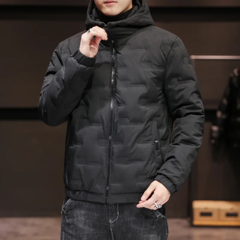 Chaqueta de algodón para hombre, abrigo ligero corto y grueso con capucha, ropa informal y moderna para invierno: XL / Negro