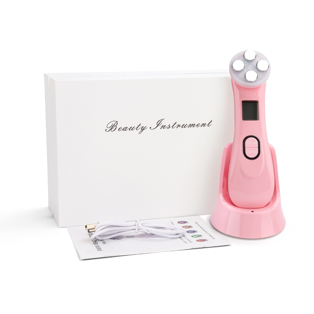 5in1 RF & EMS Radio mésothérapie électroporation visage beauté stylo radiofréquence LED Photon visage rajeunissement de la peau dissolvant rides: Pink with box