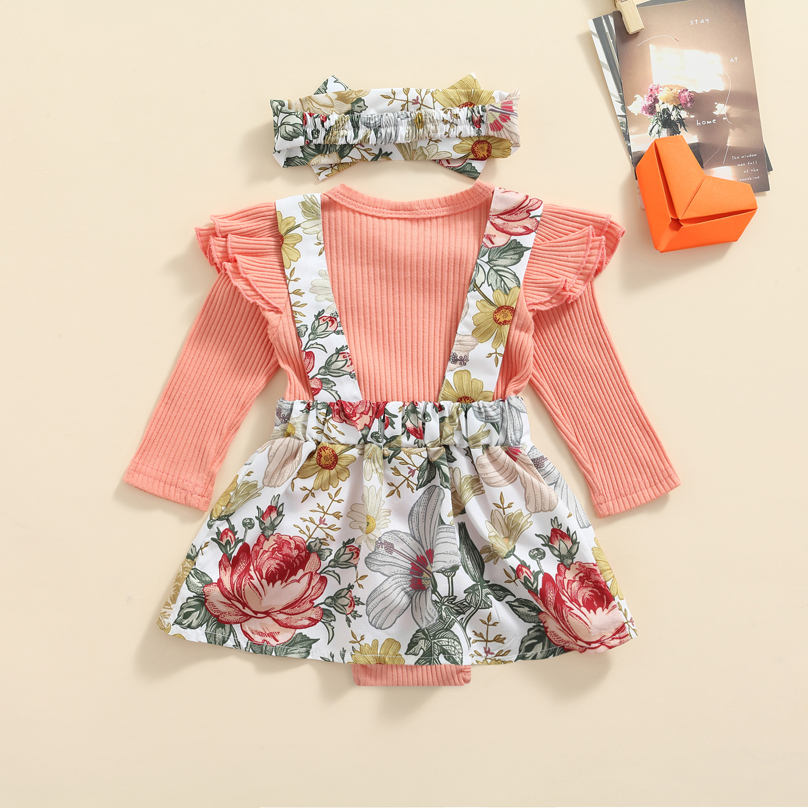 Autumn Toddler Baby Girl Flower Bodysuits Korean Style Princess Long Sleeve Jumpsuit Newborn Clothes with Bowknot Hairband