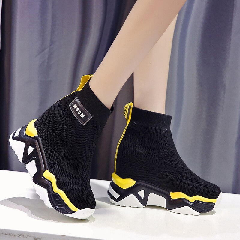 Mesh Wedge Schoenen Vrouw Platform Sneakers Dames Solid Lente Herfst Slip Op Casual Schoenen Voor Vrouwen Ronde Neus Vrouwelijke schoenen: BLACK / 6.5