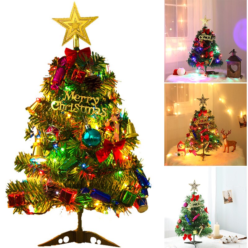 50Cm Mini Kerstboom Met Verlichting Kleine Accessoires Bow Bells Pine Cone Kerst Desktop Jaar Decoraties J8