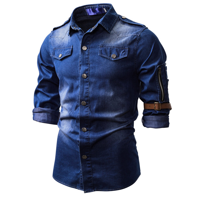 Camisa vaquera lavada de manga larga para hombre, estilo informal, ajustada, con cuello cuadrado, para otoño e invierno