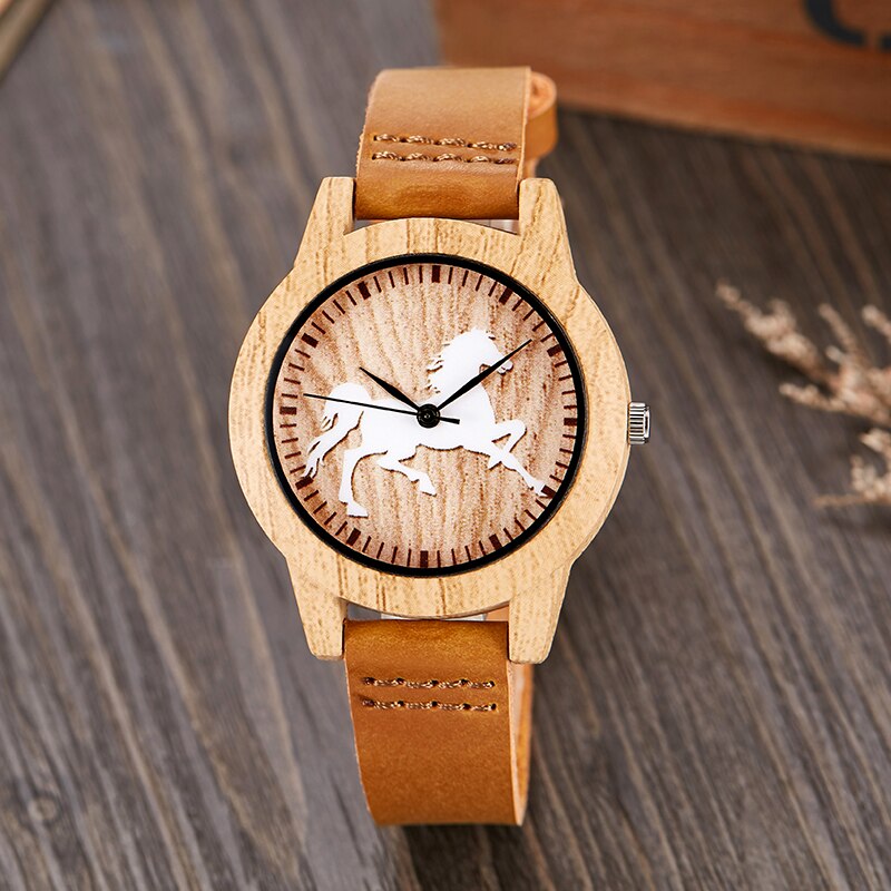 Montre-bracelet Imitation bois pour hommes et femmes, montre à Quartz, Imitation arbre de vie, bracelet en cuir souple: horse women