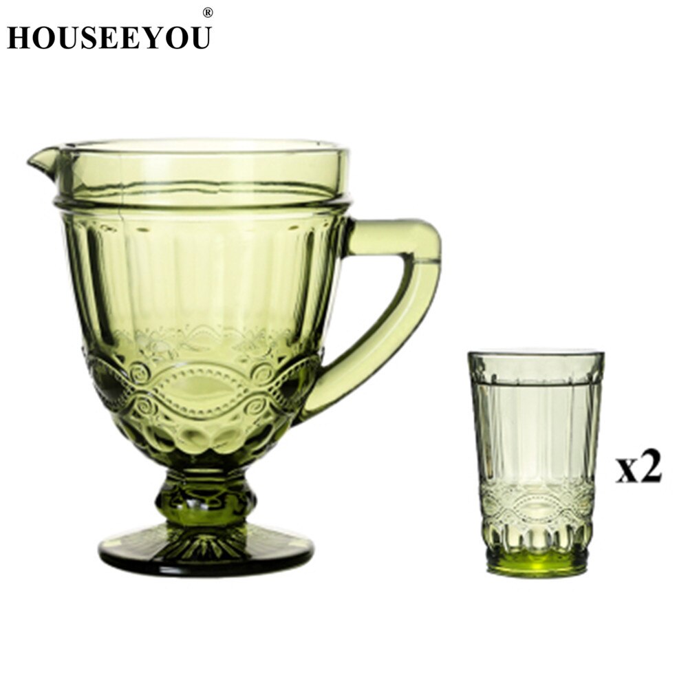 Houseeyou 1pc koldtvandskande  + 2 stk udskåret glaskop europæisk retro krystalvand vinkop drikkebar restaurantværktøj