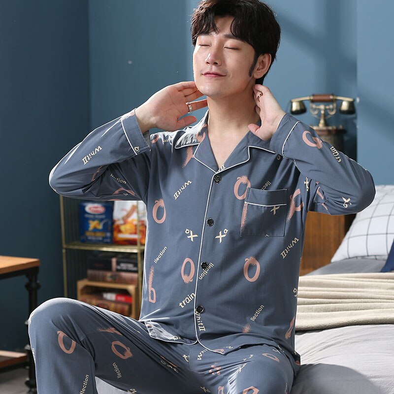 pyjama en coton imprimé 2 pièces costume simple hommes pyjamas revers décontracté doux pyjamas service à domicile printemps et automne