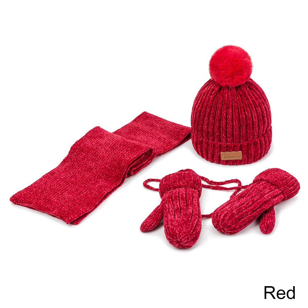 Reakids baby meisjes muts sjaal handschoenen set winter warme dikke muts met haarbal zachte comfortabele outdoor muts jongens katoenen muts pak: Rood