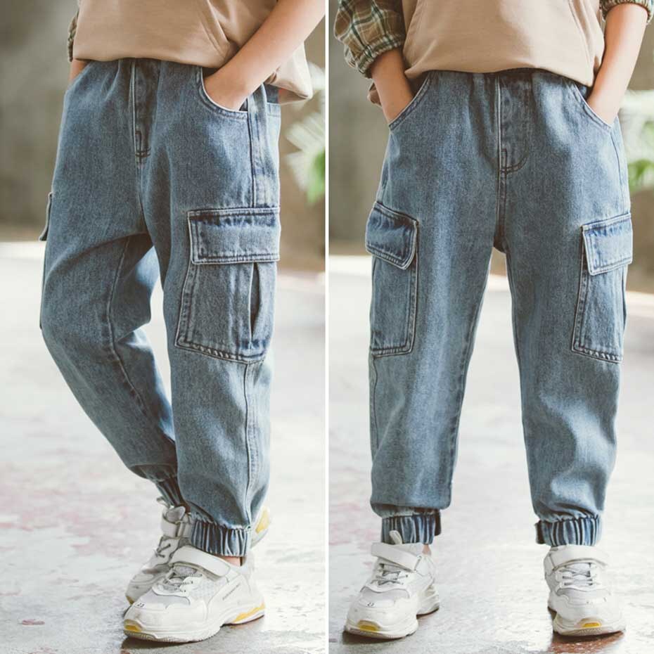 Drenge jeans solid cargo bukser børn jeans dreng elastiske talje jeans til drenge skole forår efterår afslappet jeans tøj til drenge