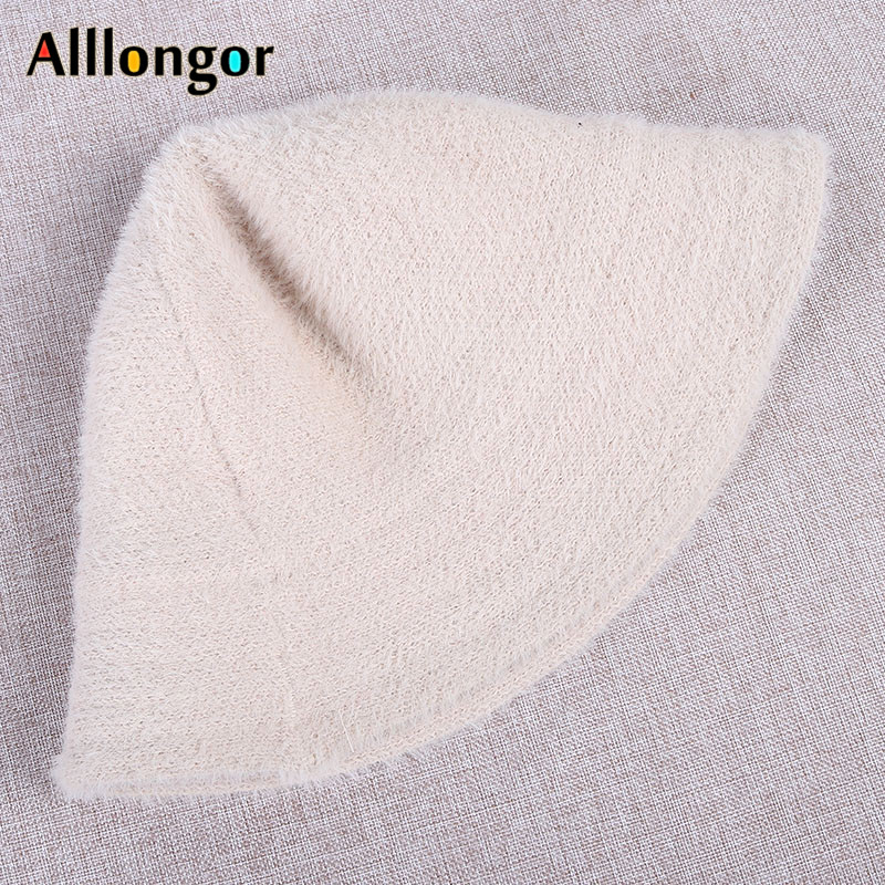 Winter Hat Women Bucket Hat Femme Autumn Warm Solid Casual Plush Faux Fur fishing cap Solid Wool fisherman&#39;s hats mujer: Beige