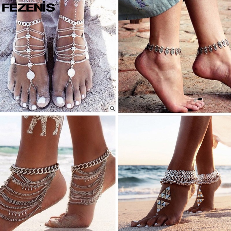 Boho anklet til kvinder antik sølvfarvet benkæde på benet boheme ankelarmbånd barfodet sandaler strandfod smykker
