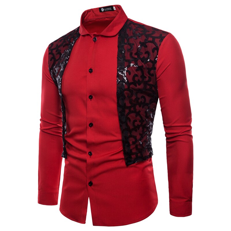 Herr långärmade skjortor herr sommar business casual slim-fit skjortor herr solid paljett spets dekorerade smoking skjortor: Röd / Xxl