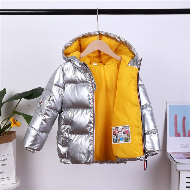 Winter Kinderen Zilveren Down Katoen Gevoerde Grote Kinderkleding Gewatteerde Korte Jas Jongens En Meisjes Hooded Jas