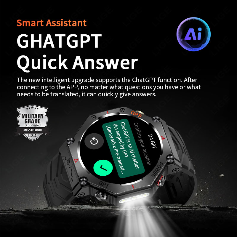 LIGE 2025 Nuova posizione GPS Smartwatch per uomo 530mAh Bluetooth chiamata bussola torcia a LED 3ATM Smartwatch militare impermeabile