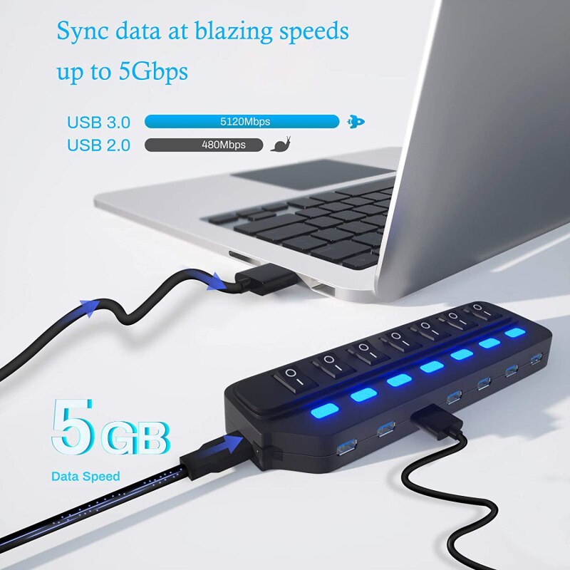 Usb 3.0 Hub Powered 7 Poort Aluminium Data Hub Super Speed 5Gbps Data Transfer Snelheid Meerdere Usb-poorten Voor windows Linux Pc
