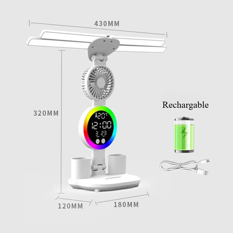 Oplaadbare tafellamp voor studie, leeslamp voor bureaulamp Led-tafellamp met ventilator, leeslamp met led-klokdisplay: Bruin
