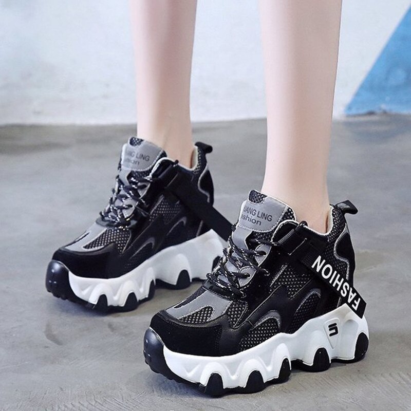 Women Platform Chunky Sneakers Mesh Designers Lace Up Shoes Woman Autumn 8cm High Vulcanized Shoes Ladies 34-39