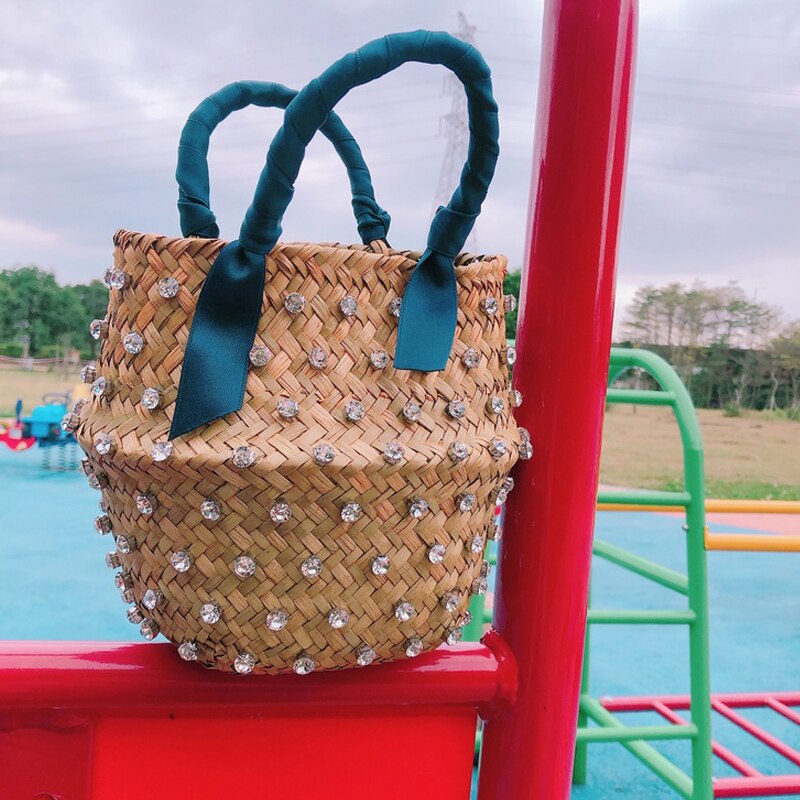 Woman Vacation Bag Embellished Straw Bag Ladies Woven Seaweed Bucket Diamond Bag Pearl Handbags: white no lining / S