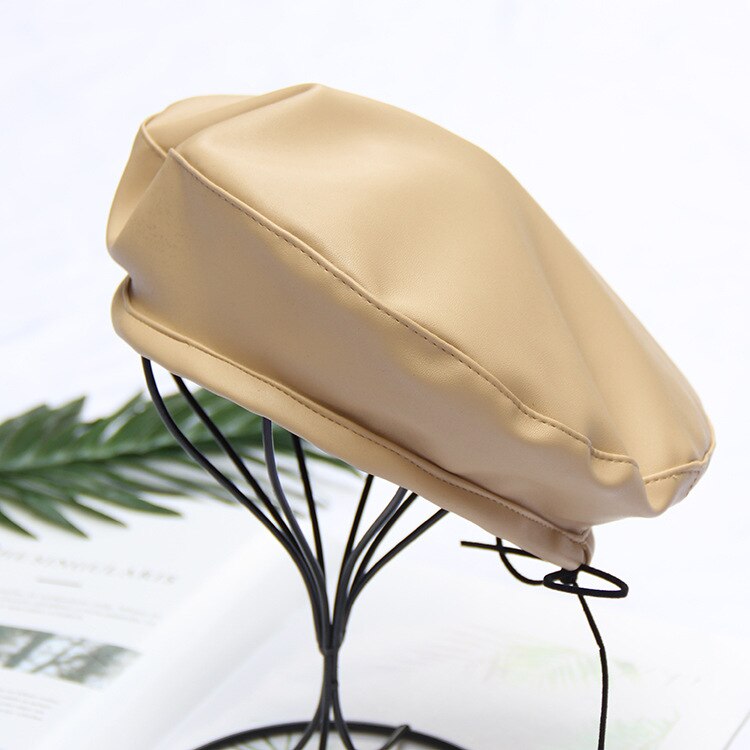 Women Autumn Ainter Pu Leather Solid Berets Hat Female Girls Outdoor Travel Leather Beret Vintage French Hat Baret: Beige