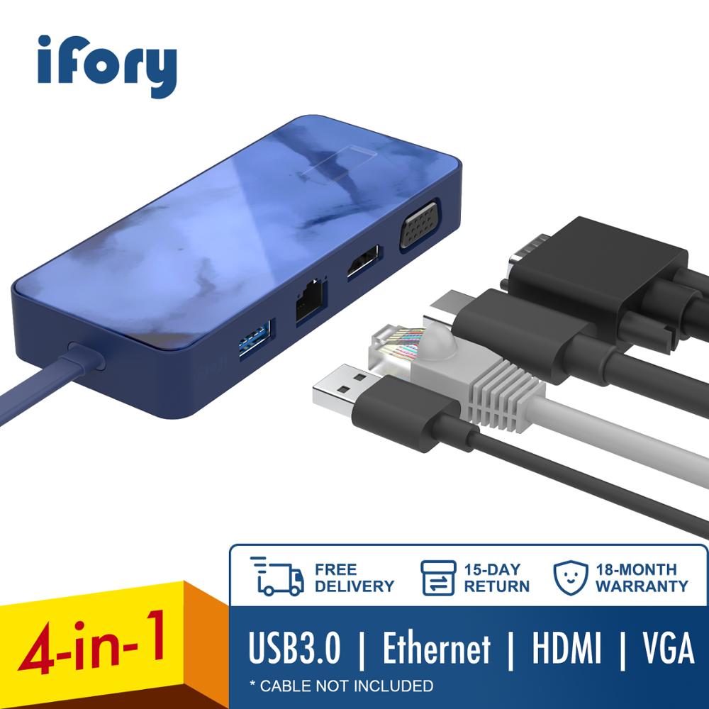 Ifory Type C Hub, Usb C Adapter Met Hdmi/Vga, Ethernet, usb 3.0 Voor Macbook Pro Air Dock Type-C Poorten Splitter Hab: Blue