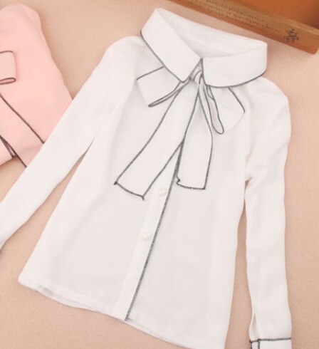 Vestiti delle ragazze 2019 Bambini di Autunno Che Coprono Le Ragazze Camicetta Bambino Camicette Chiffon Bianco Camicetta Carino Fiocco Blusas Abbigliamento Per Bambini 2-16Y: WHITE / 3T