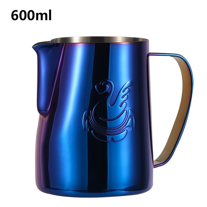 JIBBI Milk Steaming Frothing Pitcher Stainless Steel Non-Stick Milk Jug Pull Flower Cup Perfect for Coffee Cappuccino Latte 600: Blue Shiny