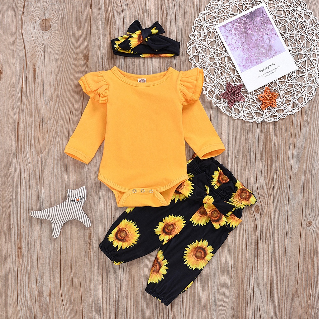 Del bambino Della Ragazza Set Bambino Manica Lunga Borsa Scoreggia Pagliaccetto Robe + Girasole Floreale Pants + Fascia Dei Capelli del Vestito Giallo vestiti детская одежда 5