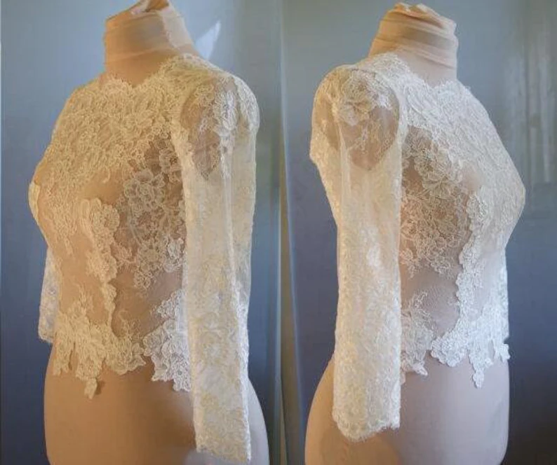 Long Sleeve Wedding Jacket White Ivory Bridal Bolero Jackets Wedding Lace High Neck Wedding Wrap