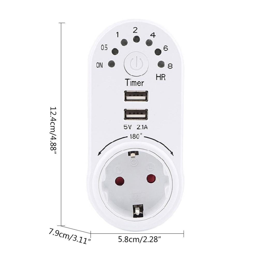 EU Plug Countdown Timer Socket Smart Control Dual USB Ports 180 Rotation 8 Hour