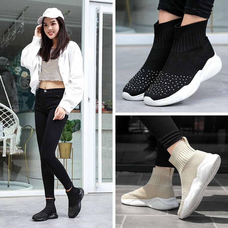 Vrouw Platform Schoenen Mode Sneakers Zachte Hak Vrouw Casual Schoenen High-Top Gebreide Vrouw Leisure Enkelsok Stof Mesh flats