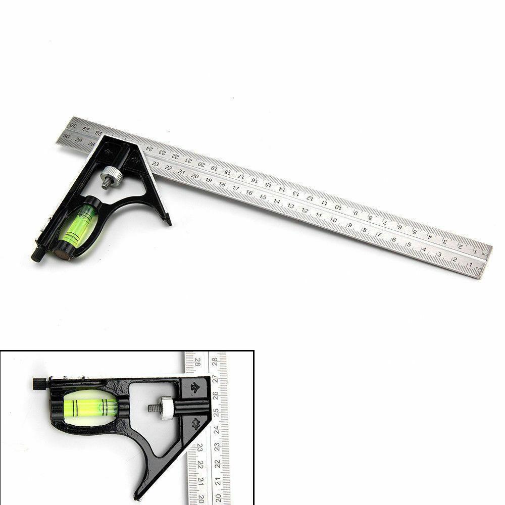 Square Ruler Set Kit 300mm (12") Adjustable Engineers Combination Try Square Right Angle Ruler Set with Spirit Level and Scriber: Default Title