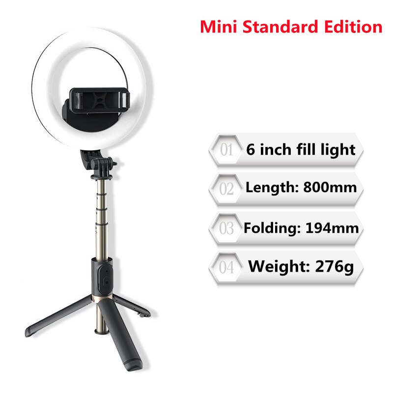 Cool dier 1680mm stor trådløs selfiestang stativ sammenleggbar led-ringfotograferingslys med bluetooth-kompatibel lukker: Standard svart