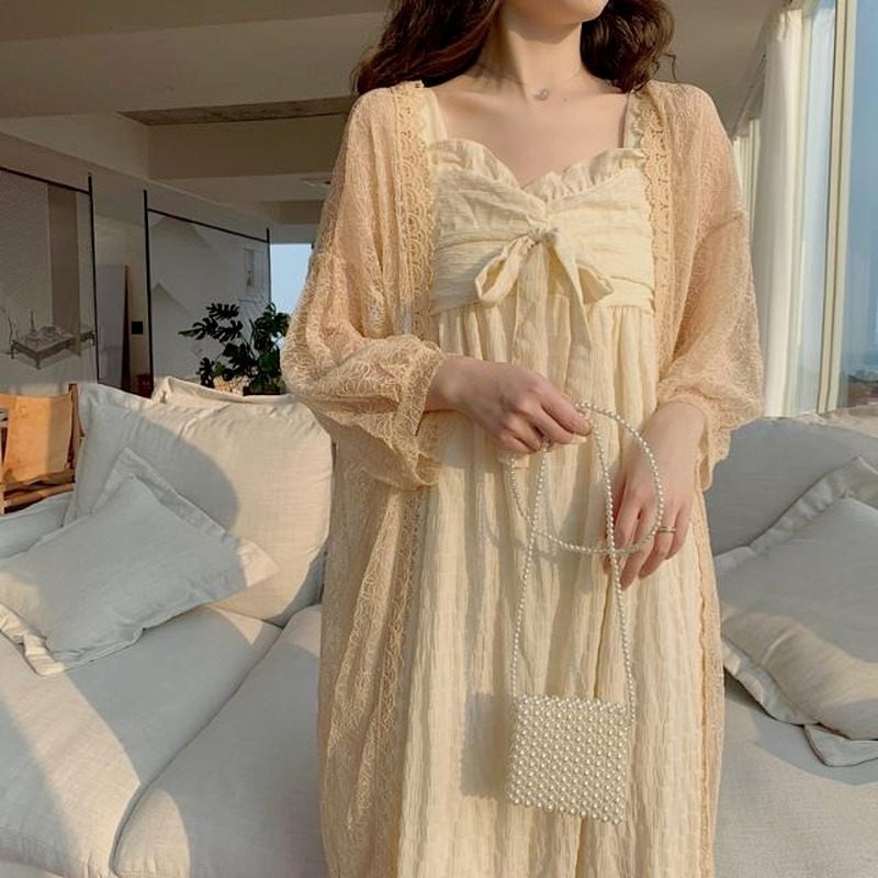 HOUZHOU Night Gown and Robe Sets for Women Cotton Pleated Bow Nightgowns Nightwear Sleep Dress Spring Autumn Nightie Ruffles