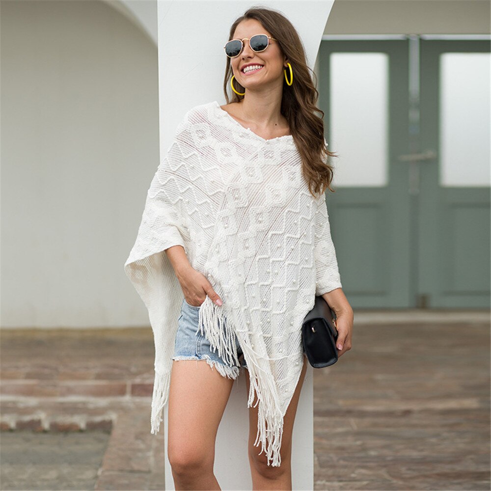 Chal blanco, prendas de vestir exteriores, suéter de punto con borla, capa holgada informal para mujeres, suéter, chal, Poncho de primavera Otoño, capa Irregular con dobladillo