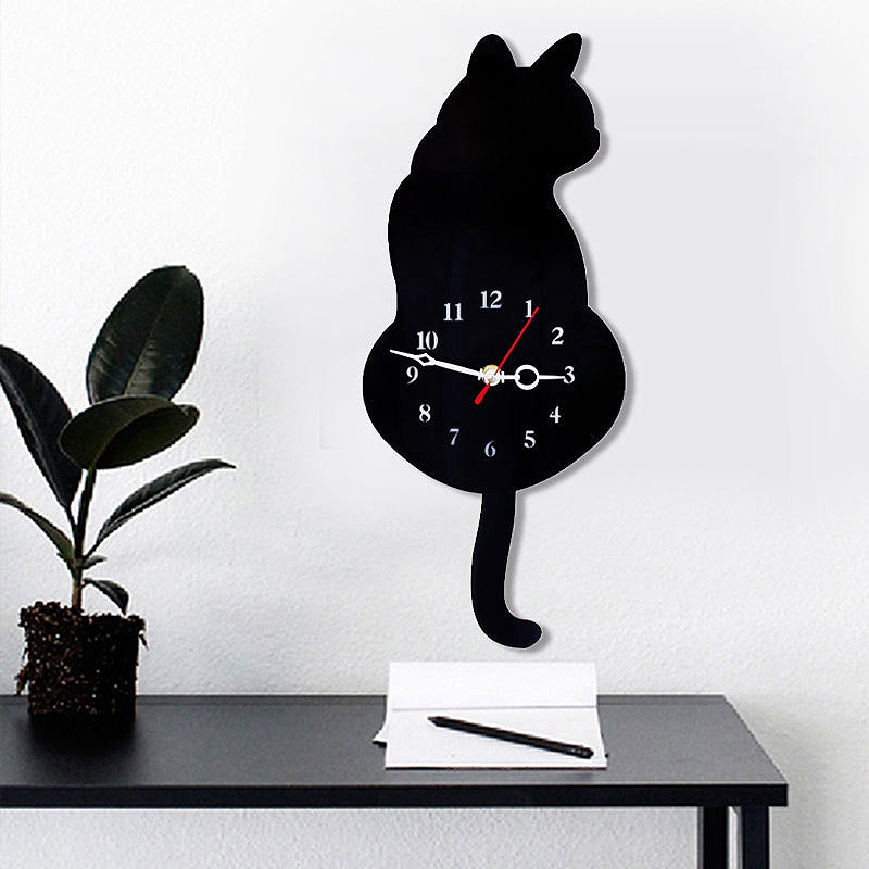 3D Cute Cat Wall Clock Wag Tail Silence Home Decoration Kids Black