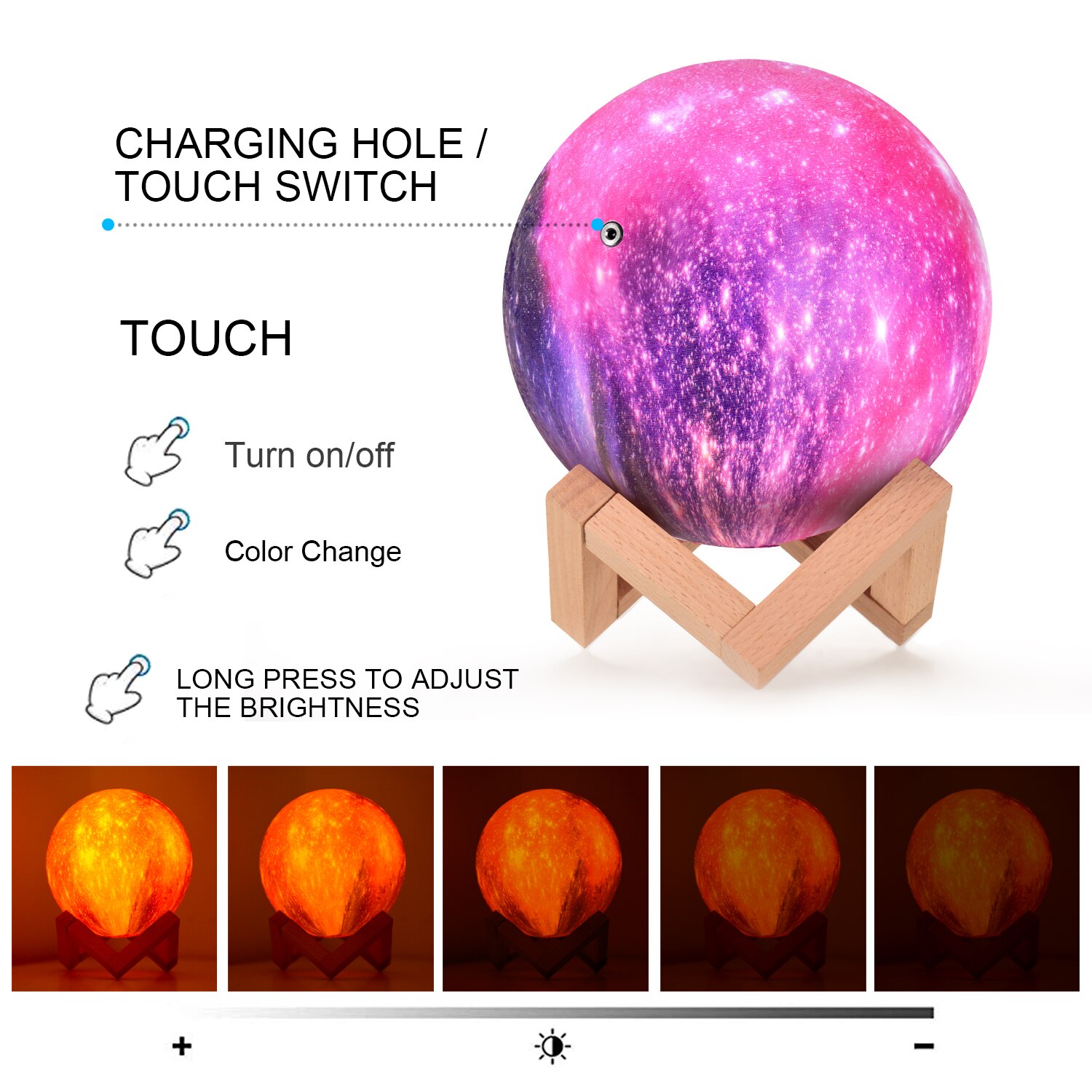 Moon Lamp 3D Printed Starry Lamp LED Night Light Touch Control 15cm/ 5.9in with Stand for Children Kids Christmas