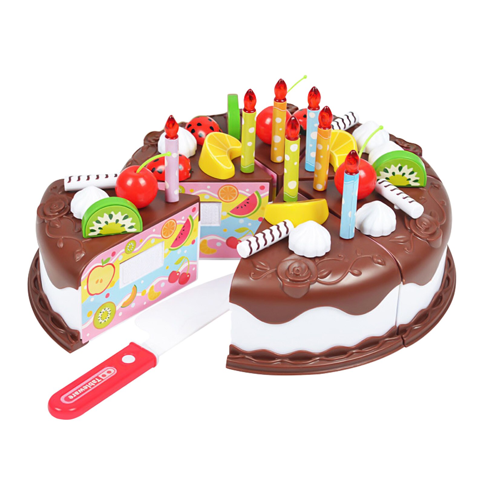 37Pcs DIY Cutting Birthday Cake Dessert Pretend Play Set Food Toys with Candles for Children Girls Birthday