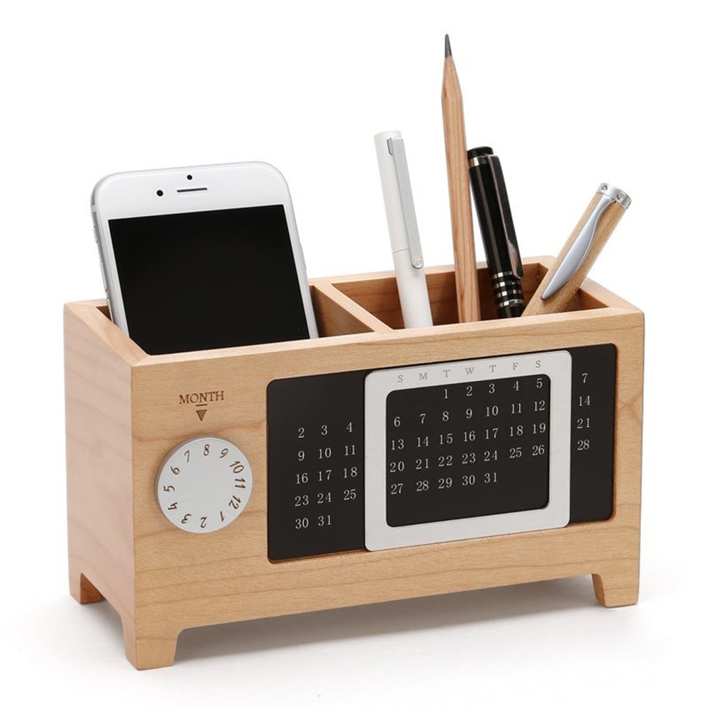 Wooden Organizer Pen Pencil Holder Case With Calendar Ornaments Table Storage Container 2 Grids Wooden Storage Box