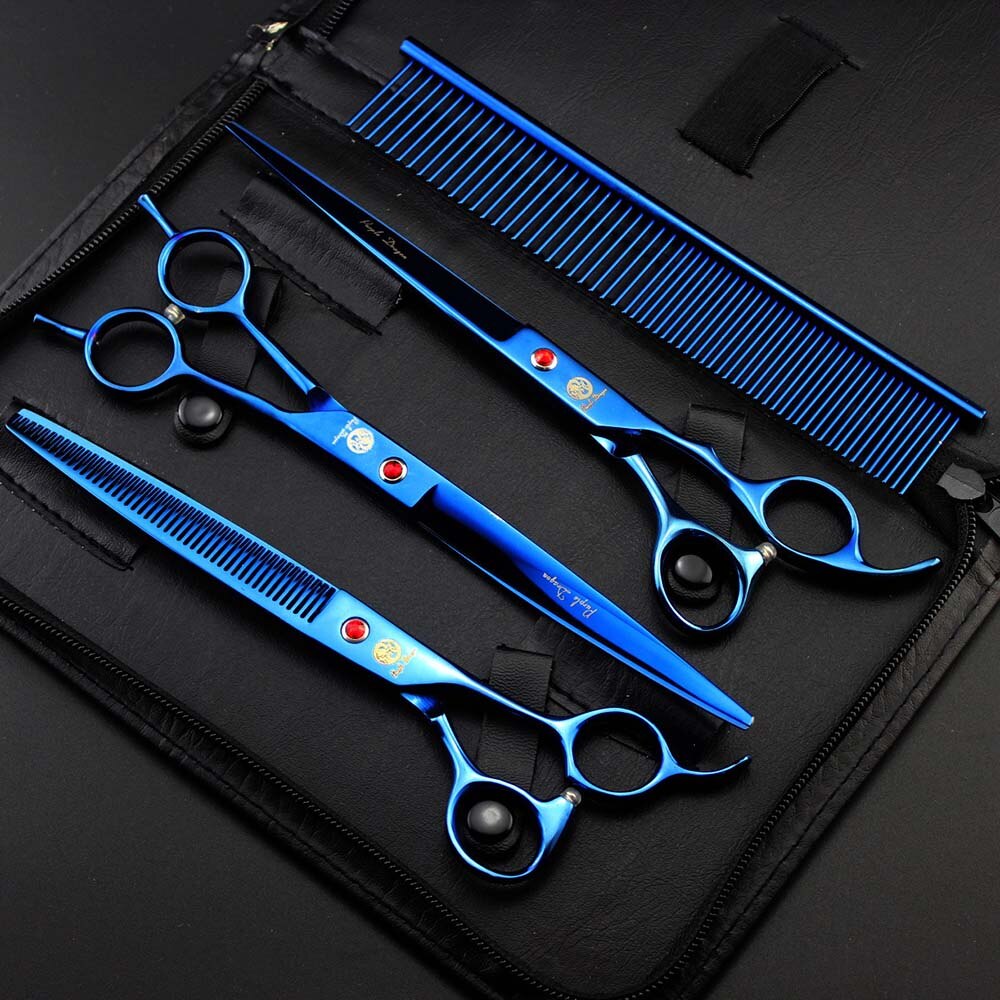 8 Inch Dog Hair Scissors Bent For Dogs Grooming Cat Japan 440C Dog Shears Hair Cutting Thinning Curved Scissor Set: Blue