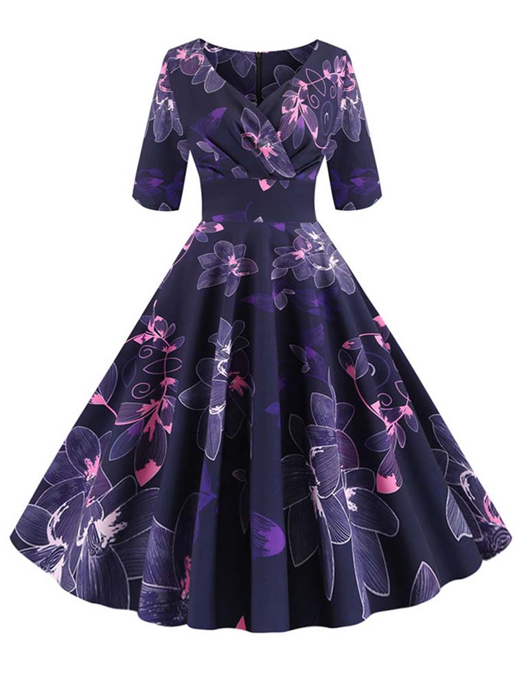 Vestido de otoño-invierno de media manga para mujer, estampado Floral, Vintage, informal, Rockabilly, Pin Up: XL / 001