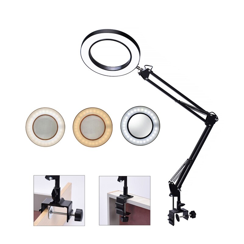 Flexible Desk Large 33cm+33cm 5X USB LED Magnifying Glass 3 Colors Illuminated Magnifier Lamp Loupe Dimming Working Desk Lights