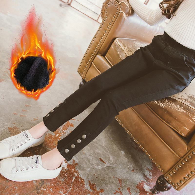 Vinter barn jenter varme skinny jeans bukser barn tykke fløyelsknapper bukser tenåringer jenter stretch denim blyant leggings  q137