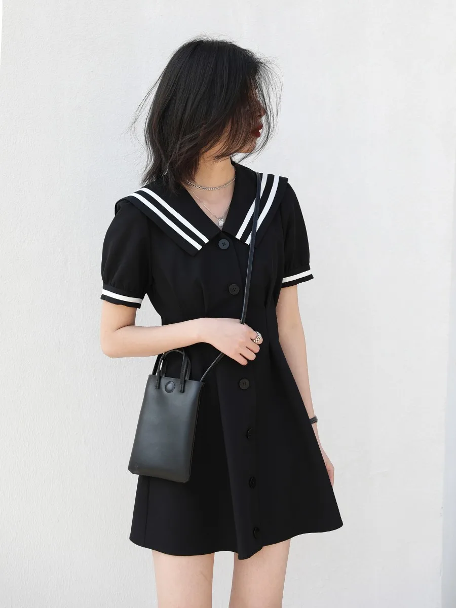 Preppy Style All-match Patchwork Sailor Collar Mini Dresses Summer Women's Puff Sleeve Y2K Harajuku Ulzzang A-Line Dress: XL / black