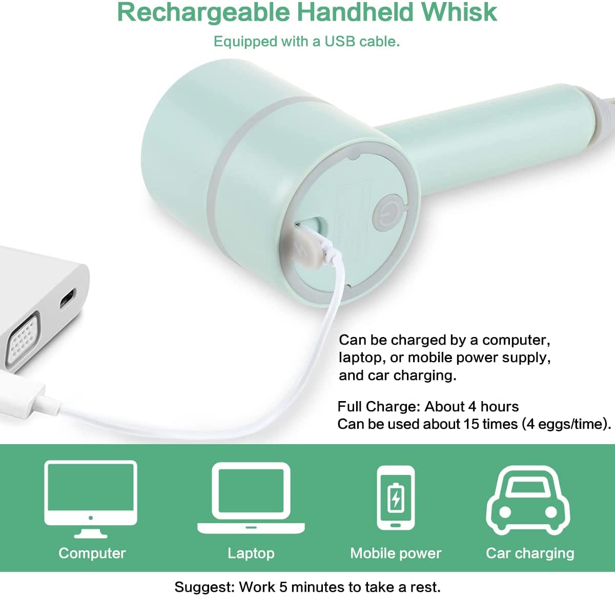 Elektrisk håndmixer 2 in 1 minihakker piskeris æggepisker 3- hastighedskontrol køkkenblender usb trådløs hvidløgsmasker