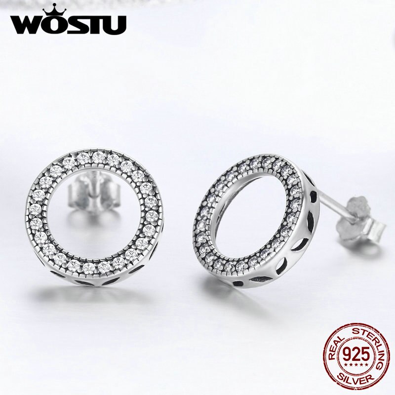 WOSTU 925 Sterling Silver Glitter CZ Round Circle Stud Earring for Women Simple Wedding Engagement Earring Jewelry DXE417