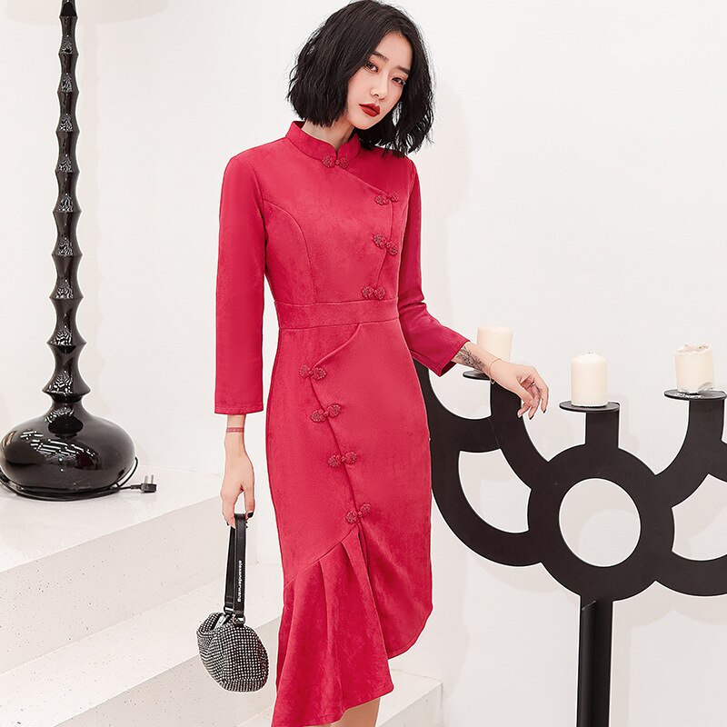 FZSLCYIYI Chinese Traditional Suede Mermaid Cheongsam Female Party Ladies Vintage Women Long Sleeve Velour Qipao