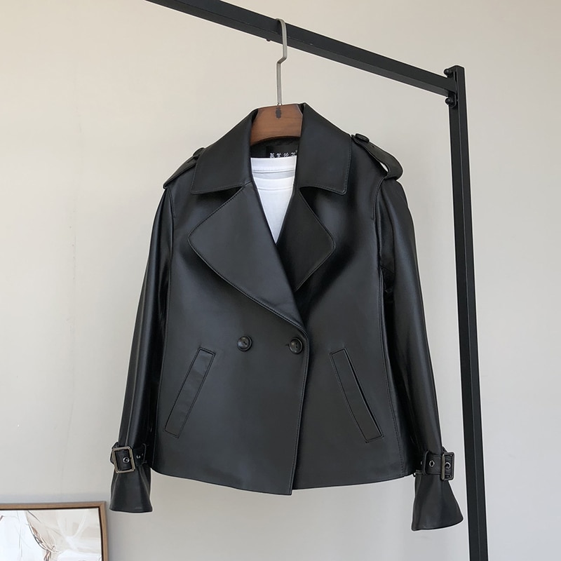 Nerazzurri sorte plus size læderjakker til kvinder langærmet epaulet med hak revers dobbeltradet læderjakke til kvinder 5xl: L
