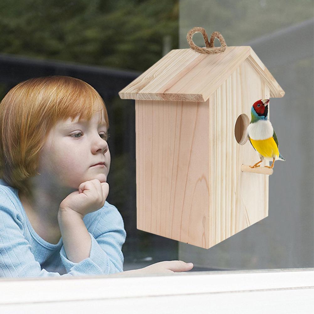 Wooden House Shape Bird Feeder Outdoor Hanging Birdhouse With Suction Cup One-way Mirror Sticker Garden Window Bird Nest