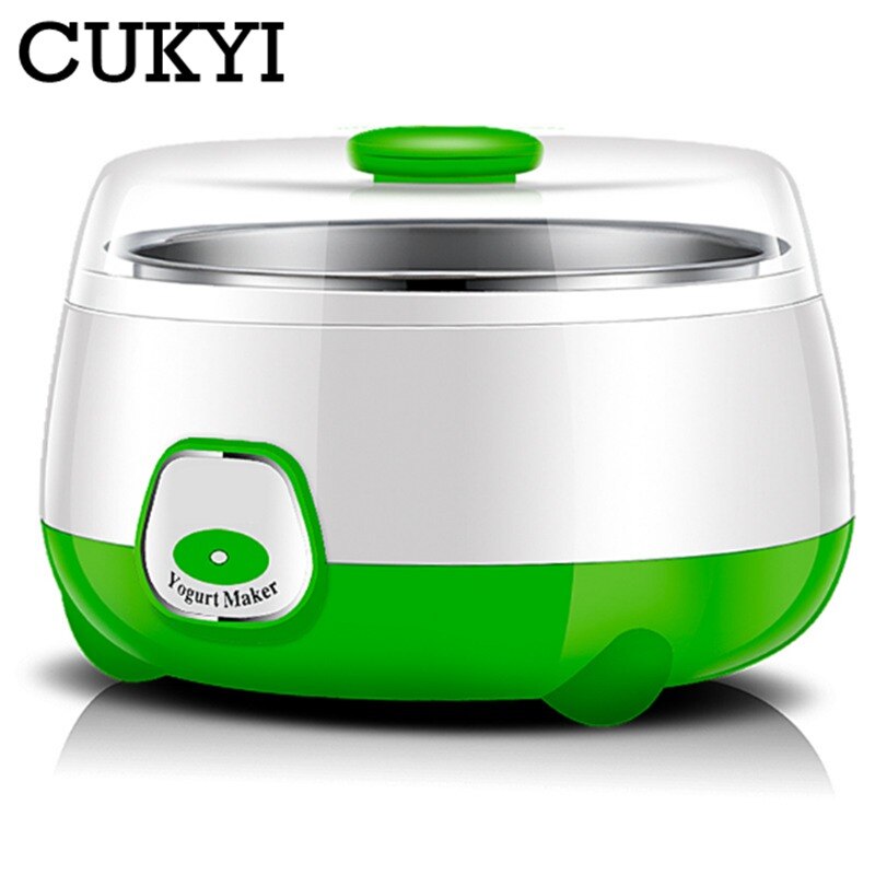 Cukyi 220v 15w 1.0l husholdningselektrisk multifunktionel mini yoghurtmaskine fuldautomatisk natto / risvin rustfri stålforing: Grøn