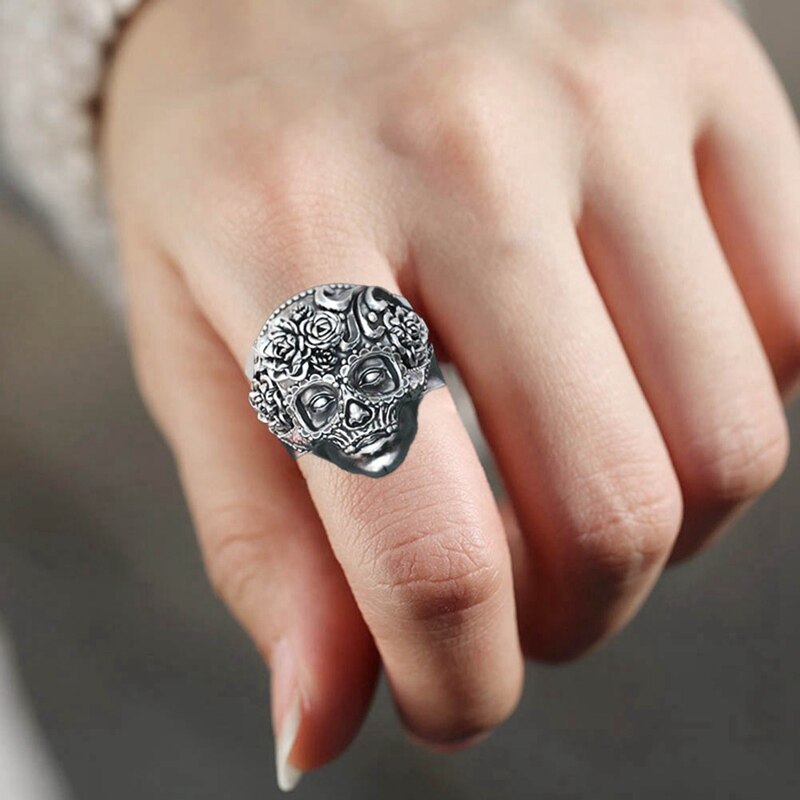 Gothic Mexican Flower Sugar Skull Rings Women Cute Punk Flowers Ring Retro Flower Cool Sugar Skull Classics Biker Jewelry