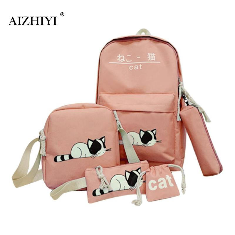 5 stks/set Vrouwen Canvas Rugzakken School Tassen voor Tienermeisjes en Jongen Afdrukken Canvas Rugzakken Dames Schoudertas: Roze