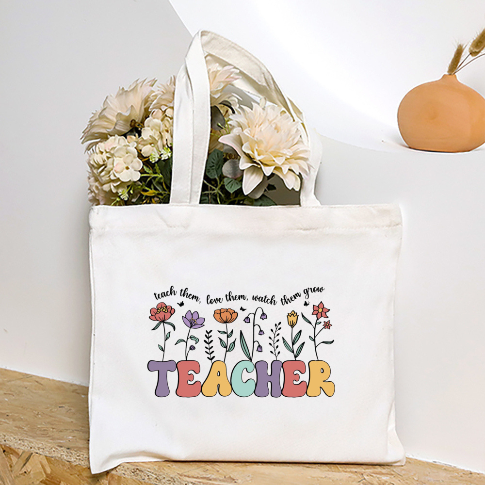 Blumen lehrer aufbringen Druck Einkaufstasche Frauen wieder verwendbare lässige Öko-Stoff Tasche Lehrer Werts ch ätzung besten Lehrer Schild: Schwarz